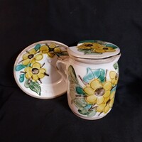 Retró napraforgós kerámia lekváros / mézes csupor aljjal, fedővel (14,5x13,5 cm)