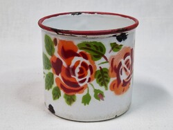 Old Kőbánya painted enamel metal rose-pattern mug in good condition, 8 cm tall
