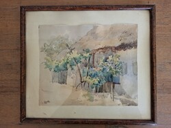 Szalóky Sándor - 1945 Parasztház, akvarell 28x23 cm, 38x34 cm.