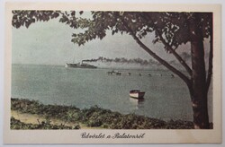 Képeslap, Balaton, üdvözlő, gőzöshajó 1954 (K2)