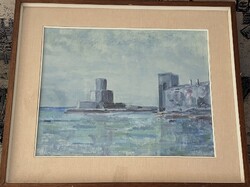 Ettore Casagrande Ciodarot: Methoni (1971) - Jelzett olasz olajfestmény kiállítási címkével
