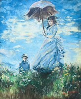 L. Barton – Nő napernyővel (Claude Monet után) – olaj, farost (46×56 cm)