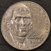 Amerikai Egyesült Államok 5 cent, 2010.D Jefferson Nickel
