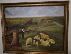 Old Oil Painting with Bálint Signature, Shepherd with Flock