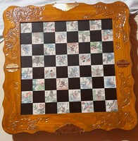 Vintage ázsiai faragott fa sakk-készlet – Sárkányos, hiánytalan