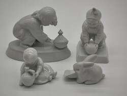 Zsolnay fehér porcelán figurák (4 db-os csomag, Sinkó András retro kisplasztikák)