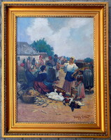 Nagy Ernő 1881- ? : " Piac"  Eredetiség igazolással Számlával