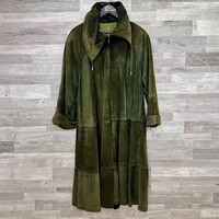 Olive green retro suede long women's coat XL