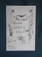 Képeslap,grafika,művészet,manó,törpe,malac,madár,ünnep,újévi,1905-