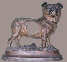 1880'S Antik bronzírozott öntöttvas KANDALLÓ ÓRATOK MOPSZ KUTYA SZOBOR 18 x 16 x 10 cm