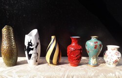 6 db. váza Zsolnay,Hollóházi, Kínai cloisonne, cinóber- lakk, Rosenthal