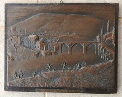 Régi bronz tájkép relief fa alapzaton