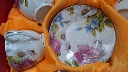 Angol rózsamintás porcelán kávés- vagy teáskészlet, 6 csésze, 6 csészealj, hibátlanok
