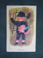 Képeslap,Hajnal Gabriella,grafikai,művészet,gyerek modell,kisfiú,kéményseprő,malac,ünnep,újévi,1962-
