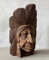 Egyedi fafaragás: Indián törzsfőnök maszk és asztali dísz egyben (21x14 cm)