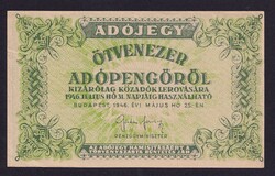 Ötvenezer Adópengő 1936 EF-aUNC (hajtatlan, vízjel, és sorszám nélkül)