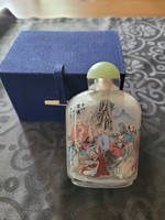 Chinese Hand-Painted Beautiful Tobacco Glass, Snuff Bottle, Liu Shou Mark, Mineral Cap