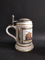 Fehér porcelán,ónfedeles német söröskorsó