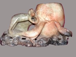 1930-60'S KÍNA QUING ÉRA zsírkő majom,madár figurás mini szobor asztaldísz/kalamáris 13 x9 cm
