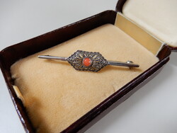 Antique silver brooch with marcasite stones and coral pearl