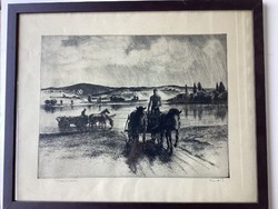Lajos Novák (1927-1989), etching, in a glazed garden.