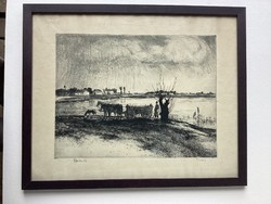 Lajos Novák (1928 - 1989) Fish Pond, copper etching, glazed garden.