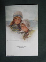 Képeslap,Philip Boileau grafika,művészet,gyerek modell,kislány,népviselet,1915-