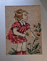 Kislány virágok között – vintage kézzel hímzett falikép”
