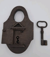 Rare large antique wrought iron hidden trick lock with working mechanism and original key, metalwork