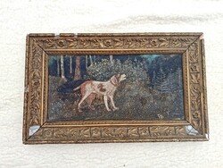 Antik vadászati olajfestmény – Vadászkutya az erdőben, „T.D.” szignóval (40*37cm)
