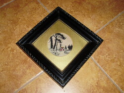 Hangulatos téli tájkép – Üvegezett, kisméretű vintage tűgobelin kép (21,5 x 21,5 cm)