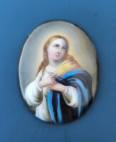 Kézi festésű porcelán kép: Szűz Mária. XIX-ik század. Gyönyörű állapotban.