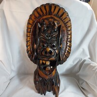 Kézzel faragott fa fali maszk / ördög démon törzsi dekoráció (56x28 cm)