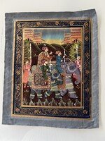 Indian hand-painted silk painting: ornate royal or Mughal elephant procession, 25 x 20 cm