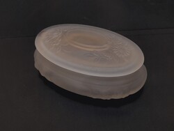 Old glass jewelry box, pressed opal glass, with plastic floral pattern, 9 x 5.5 x 3.5 cm