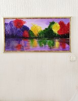 Élénk színű, hangulatos őszi vízparti tájkép kerettel – 85 x 44 cm