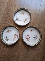 3 old faience tray coasters with metal rim, 9 cm