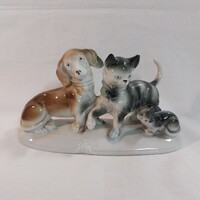 Régi német porcelán kutya és macska figura (10x19x7 cm)