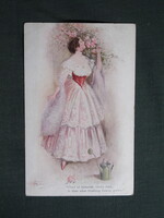 Képeslap,Harrison Fisher,Belle Époque stílus,grafika,művészet,lány,hőlgy,női modell,virág,1915-