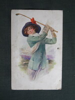 Képeslap,F Earl Christy grafika,művészet,lány,hőlgy,kalapos női modell,sport golf ruházat,1915-