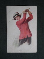 Képeslap,C.W. Barber grafika,művészet,lány,hőlgy,kalapos női modell,sport,golf ruházat,1915-