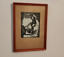 Fridél Lajos (1950–): Akt galambbal – eredeti, jelzett tusrajz, eredetigazolással