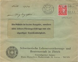 CH 110 - 1934 Svájci Életbiztosító Boríték, Helvetia 20c Bélyeg + Aarau bélyegző
