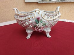 Rózsarátétes, áttört oldalú, nagy méretű kínáló, 27 x 20 x 16 cm, Hibátlan!