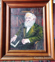 Sipos Csaba : A könyvtárban (olaj vásznon, 24x30 cm) festmény fa keretben