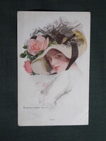 Képeslap,Harrison Fisher grafika,művészet,lány,hőlgy,kalapos női modell,korhű ruházat,divat,1915-
