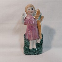 Antik porcelán szentkép figura – Keresztet tartó gyermek Jézus, 11 cm