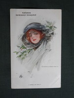 Képeslap,Harrison Fisher grafika,művészet,lány,hőlgy,kalapos női modell,korhű ruházat,divat,1915-