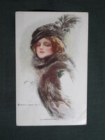 Képeslap,Harrison Fisher grafika,művészet,lány,hőlgy,kalapos női modell,korhű ruházat,divat,1915-