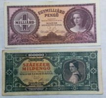 HAJTATLAN 1946-os hiperinflációs pengő bankjegyek (1 Milliárd Pengő és 100.000 Milpengő)